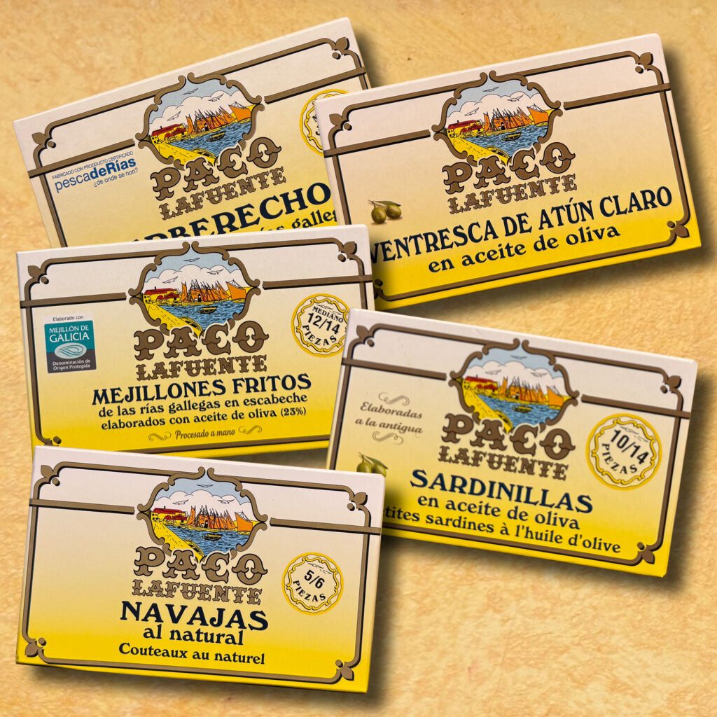 Paco Lafuente. Berberechos, ventresca de atún, mejillones, sardinillas y navajas. Despensa del Ebro.